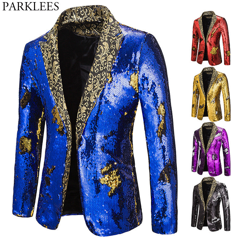 Luxury Royal Blue Sequin Glitter Blazer Jacket Men Flower Lapel 2 Color Conversion.