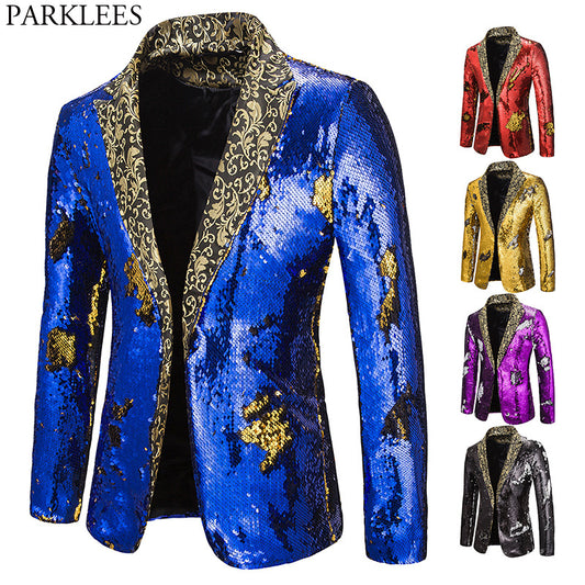 Luxury Royal Blue Sequin Glitter Blazer Jacket Men Flower Lapel 2 Color Conversion.