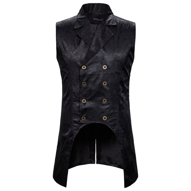 Wine Red Paisley Jacquard Long Vest Men Double Breasted Lapel Mens Gothic Steampunk Sleeveless Tailcoat.