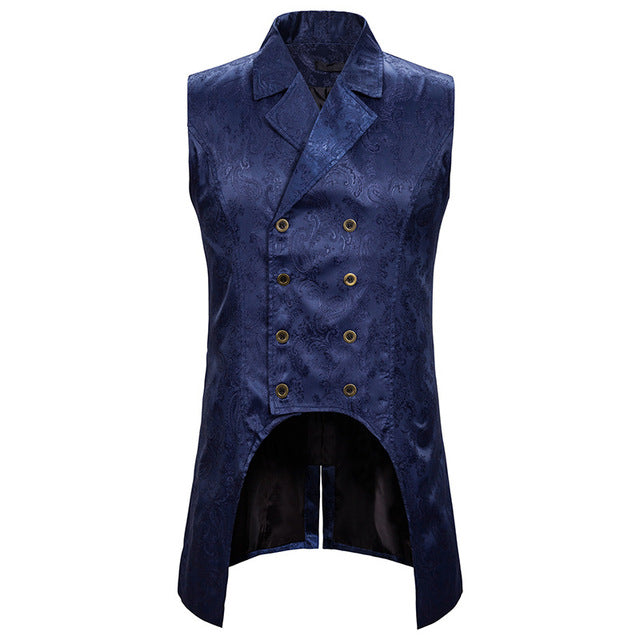 Wine Red Paisley Jacquard Long Vest Men Double Breasted Lapel Mens Gothic Steampunk Sleeveless Tailcoat.
