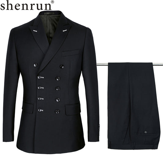 Shenrun Men Suits Slim Fit Double Breasted Peak Lapel Navy Blue Black.