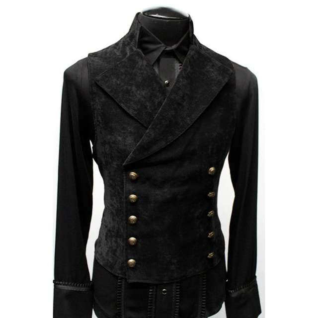 Mens Double Breasted Gothic Steampunk Velvet Vest Stand Collar Medieval Victorian Black Waistcoat.