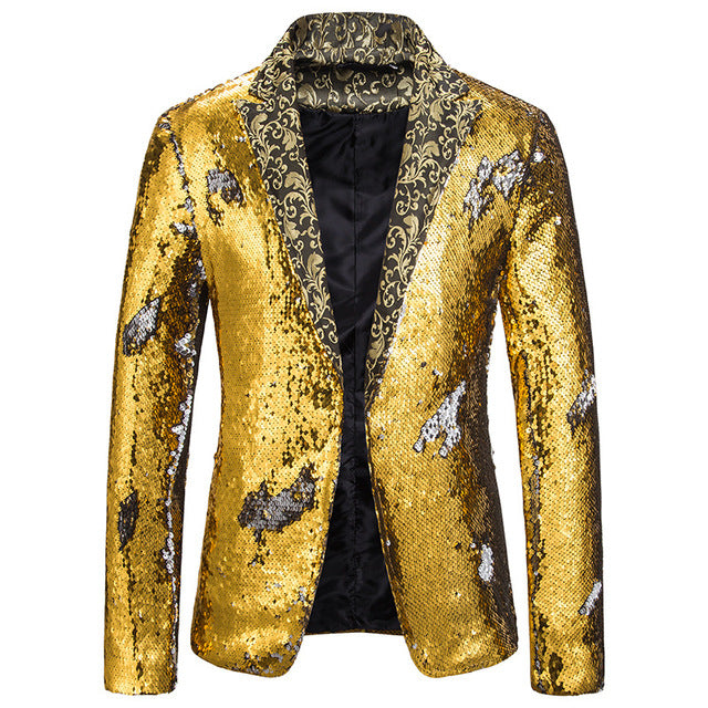 Luxury Gold Sequin Glitter Jacket Men Slim Fit Notched Lapel Blazer.