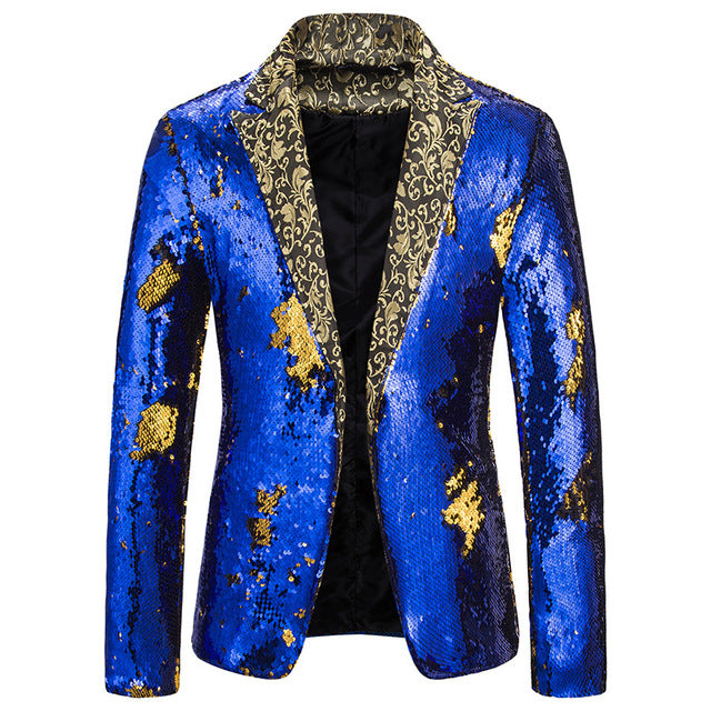 Luxury Gold Sequin Glitter Jacket Men Slim Fit Notched Lapel Blazer.
