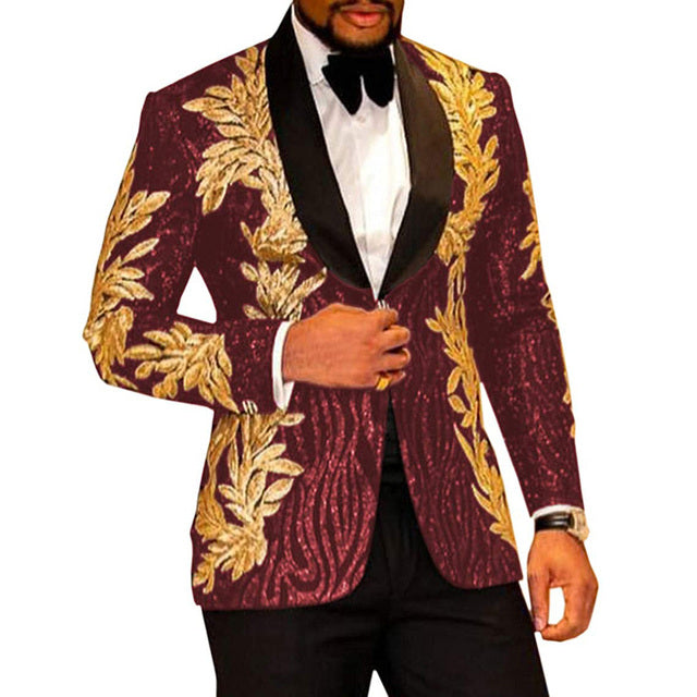 Shiny Beaded Gold Embroidery Mens Slim Fit Suits 2 Piece Jacket Pants.
