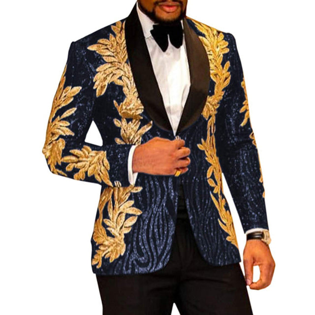 Shiny Beaded Gold Embroidery Mens Slim Fit Suits 2 Piece Jacket Pants.