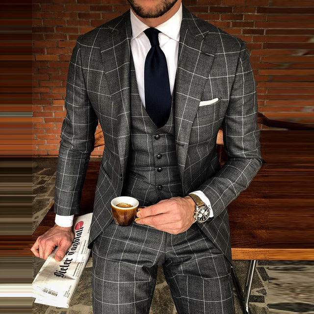 Plaid Blazer Classic Suit Dark Gray Men Business Casual Jacket Slim.