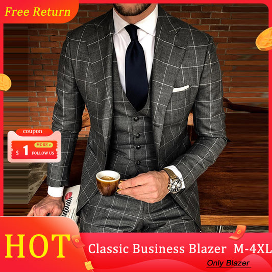 Plaid Blazer Classic Suit Dark Gray Men Business Casual Jacket Slim.