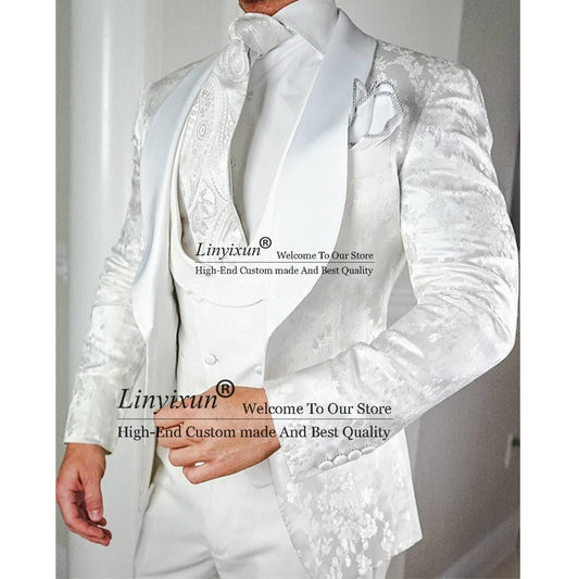 White Jacquard Men Suits Slim Fit 3 Piece Jacket, Vest, Pants Set.
