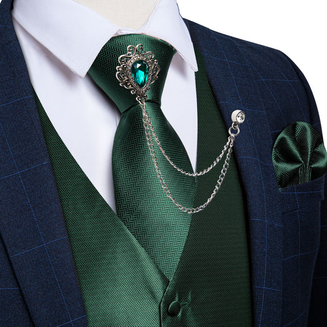 New Teal Green Paisley 100% Silk Formal Dress Vest Men Tie Brooch Pocket Square Set.